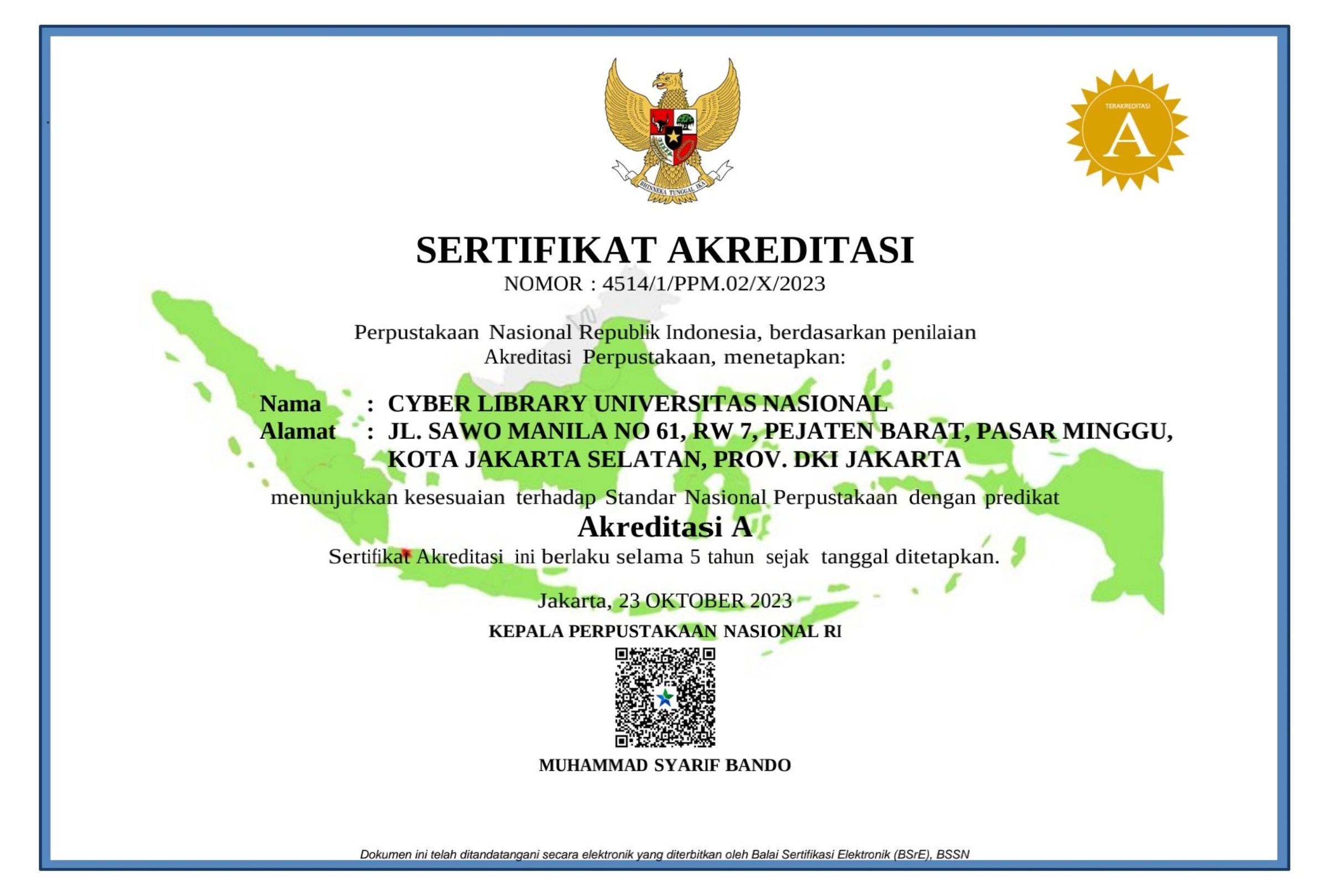 Read more about the article Perpustakaan Universitas Nasional Meraih Akreditasi “A”