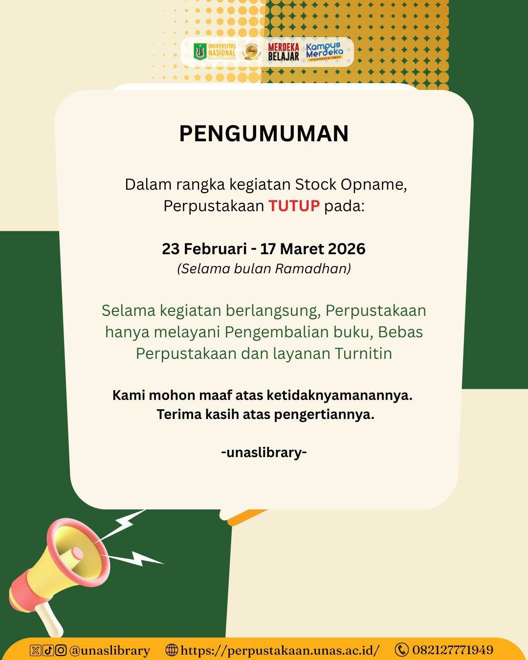 Read more about the article 📢 PENGUMUMAN LAYANAN PERPUSTAKAAN DI BULAN RAMADHAN