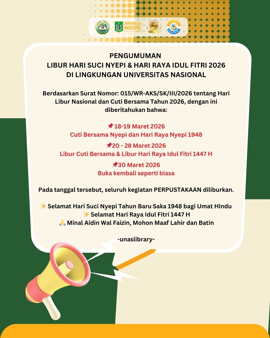 [PENGUMUMAN] Dengan hormat kami informasikan bahwa hari ini, layanan Perpustakaan hanya dibuka hingga pukul 16.00 WIB