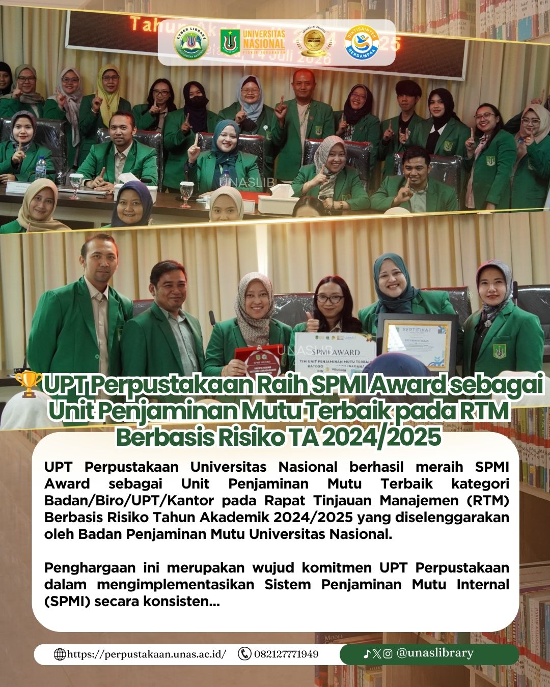 Read more about the article UPT Perpustakaan Raih SPMI Award sebagai Unit Penjaminan Mutu Terbaik pada RTM Berbasis Risiko TA 2024/2025